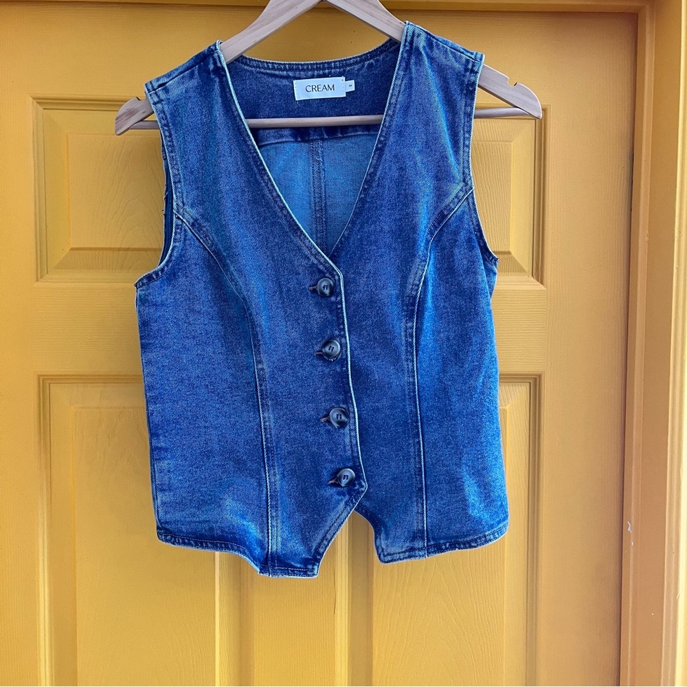 Cream Denim Vest with Button Closure